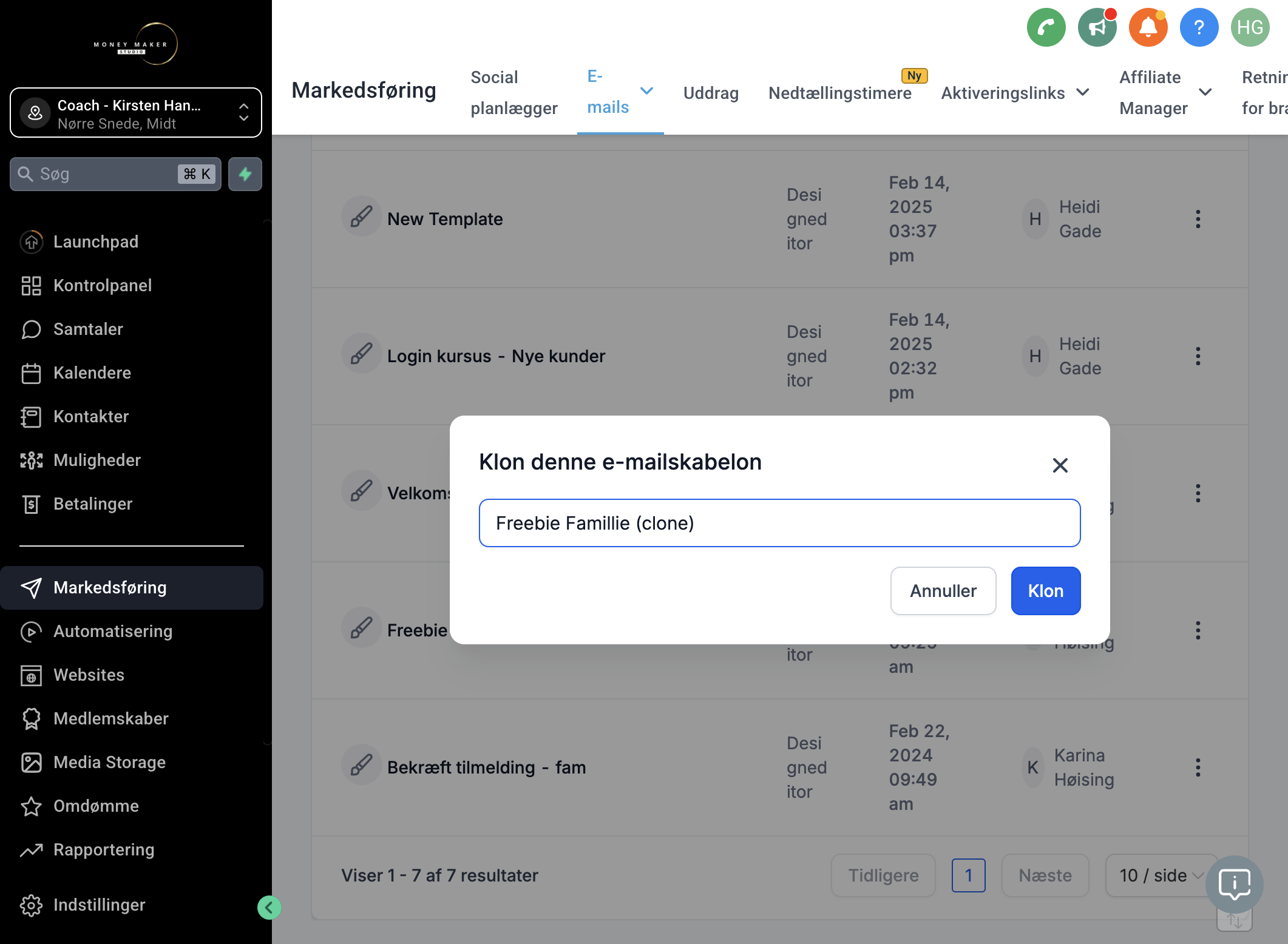 Navngiv din email skabelon fx "Freebie email 1" og klik på Clone/Klon. Derefter vil mailen åbne og du kan nu redigere den.