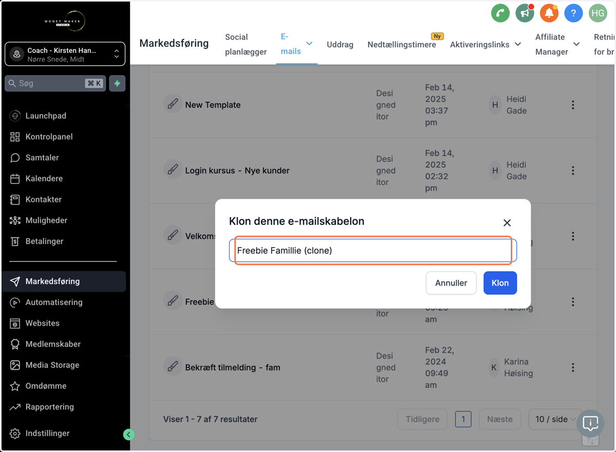 Navngiv din email skabelon fx "Freebie email 1" og klik på Clone/Klon. Derefter vil mailen åbne og du kan nu redigere den.