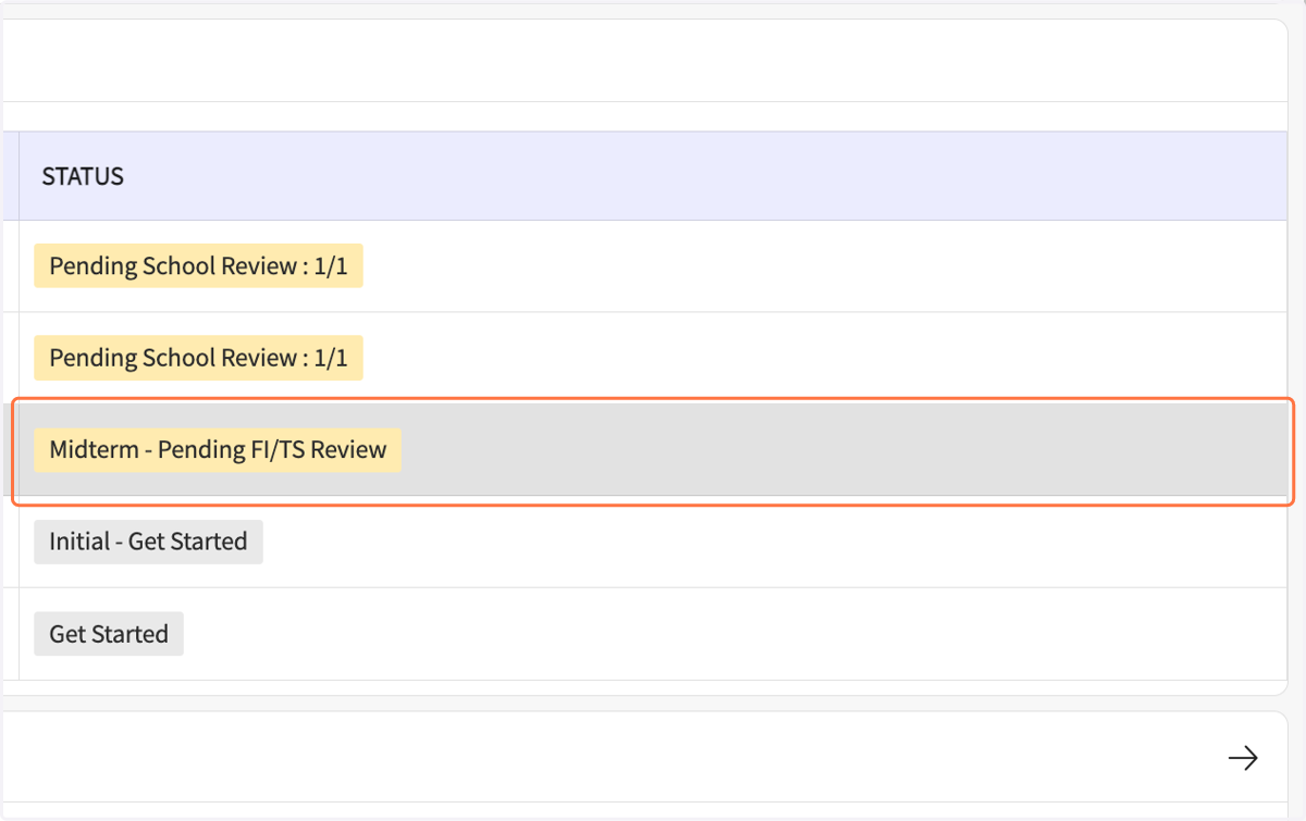 In the Coursework Forms list, the status should say "Midterm, Pending FI/TS Review."