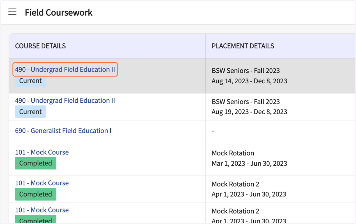 Click on the name of your Field Education course