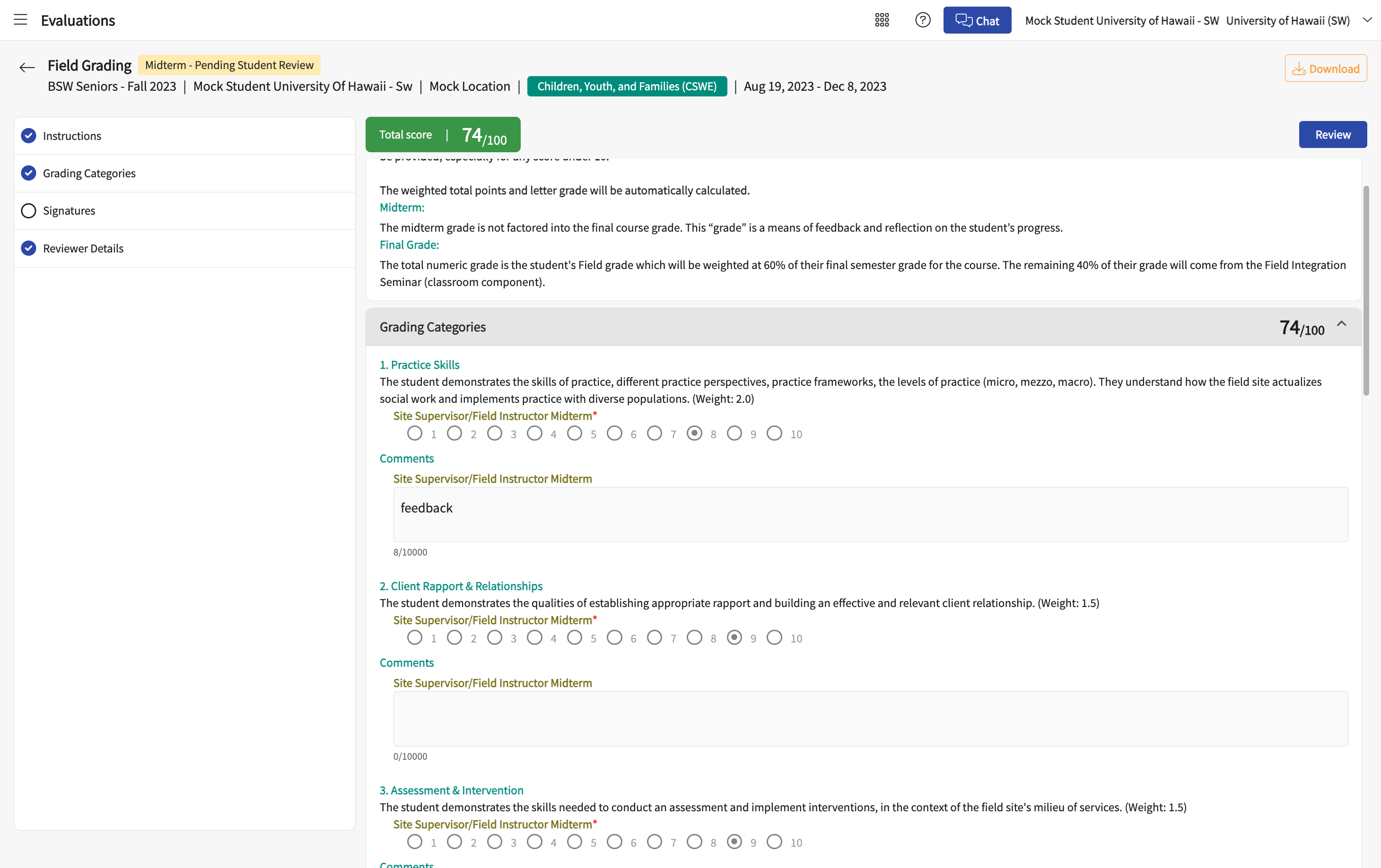 Review scores and comments in each of the 6 Grading Categories and the overall score.