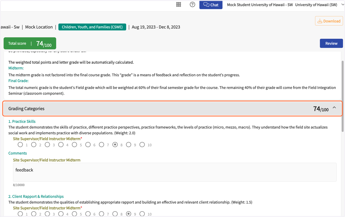 Review scores and comments in each of the 6 Grading Categories and the overall score.