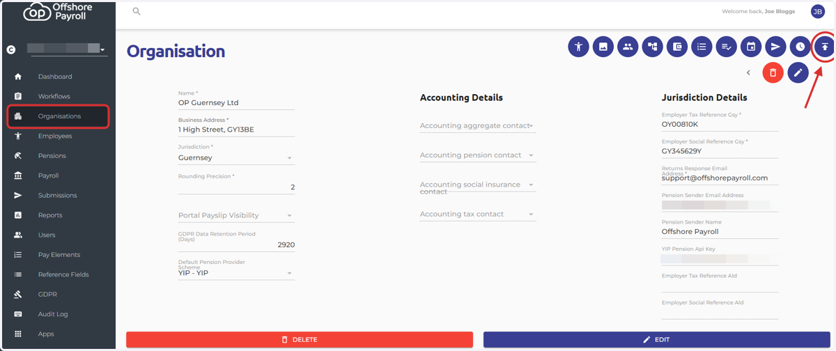 Navigate to the organisation screen