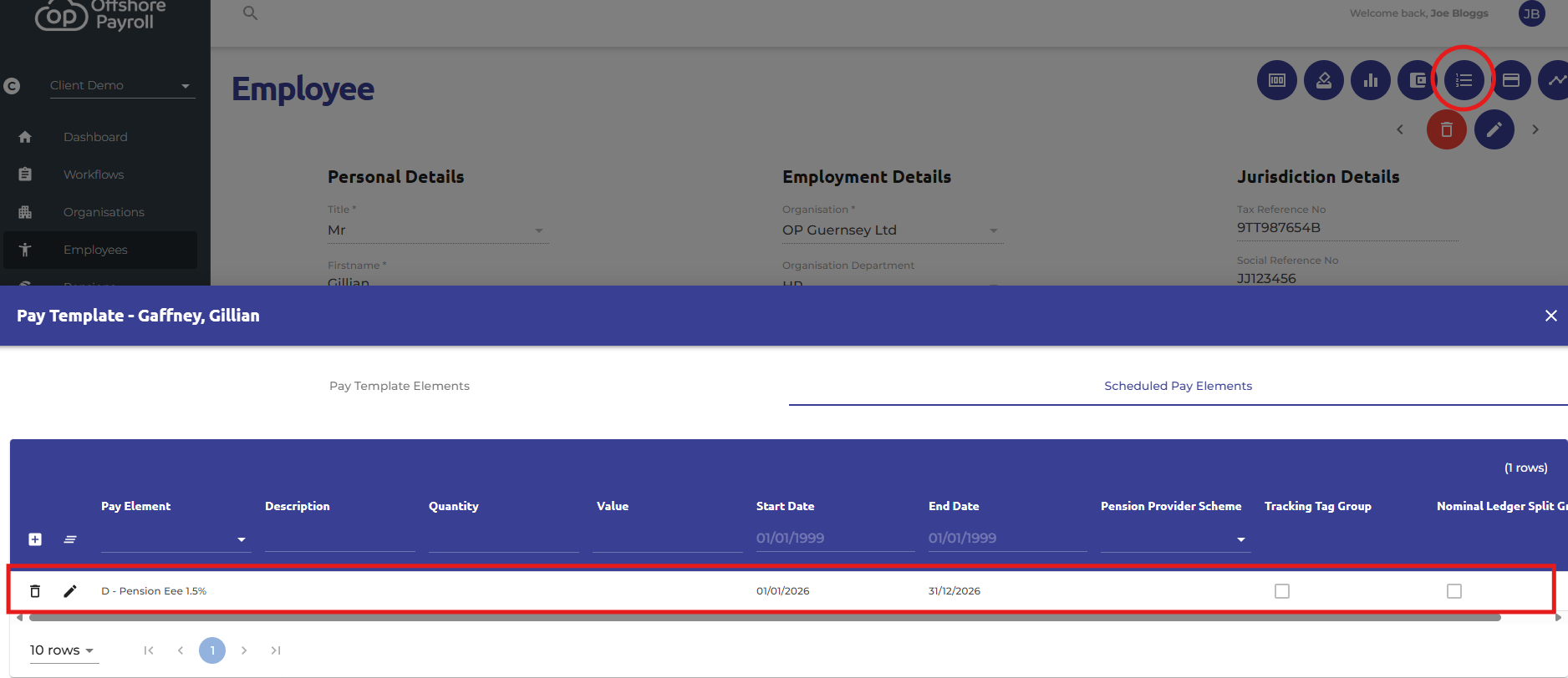 Navigate to an employee record and select the 'Pay Template' icon at the top right of the screen. Select 'Schedule Pay Elements'