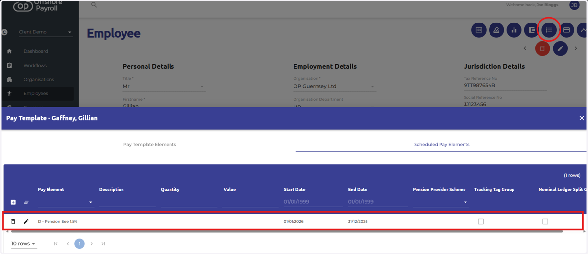 Navigate to an employee record and select the 'Pay Template' icon at the top right of the screen. Select 'Schedule Pay Elements'