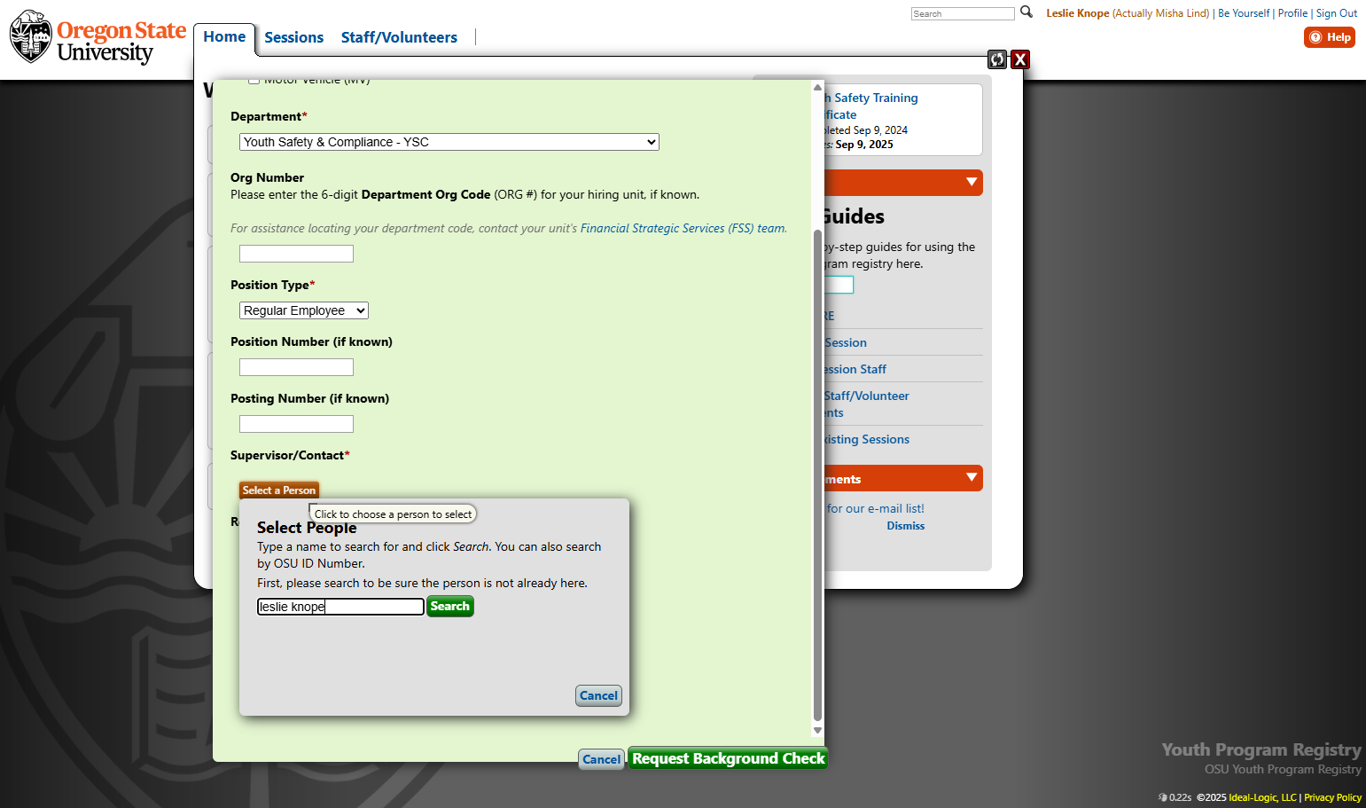 Enter the name of the supervisor or main contact for the session related to this criminal history check