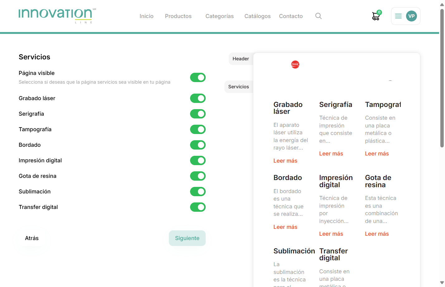 Completa la información de los servicios ofrecidos en productos