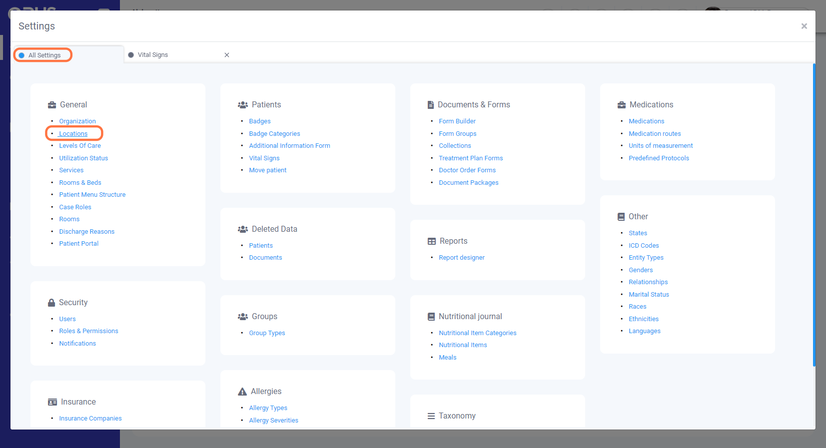 We now need to enable the Vital Sign for the location, click on "All Settings" and then "Locations"