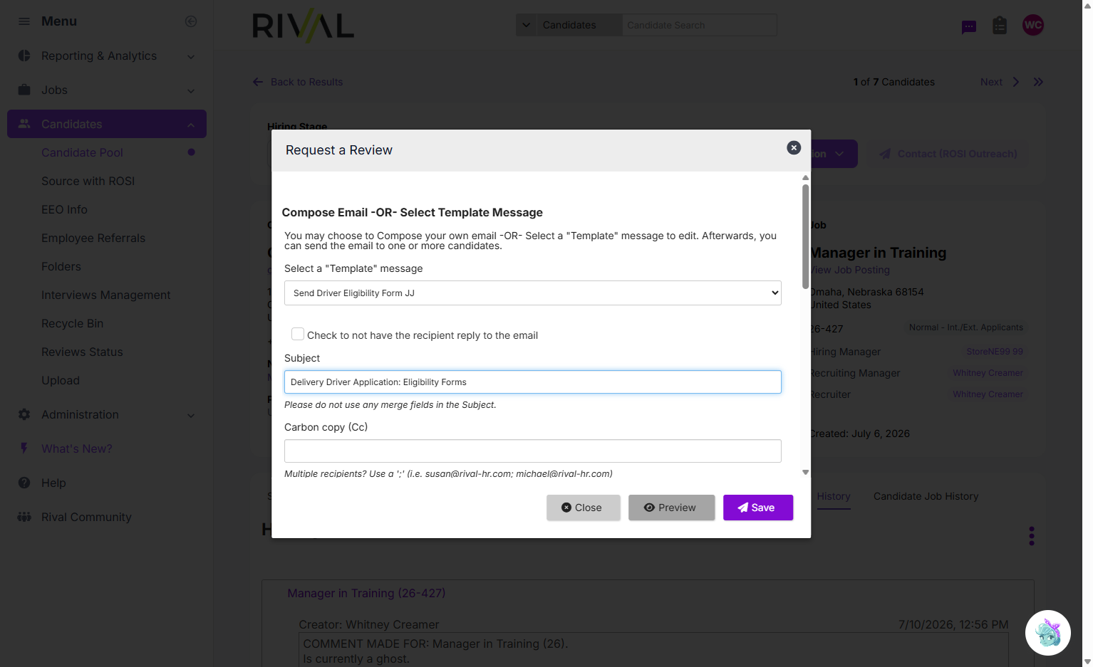 A. Select Select a "Template" message B. Type Subject C. Click on Preview