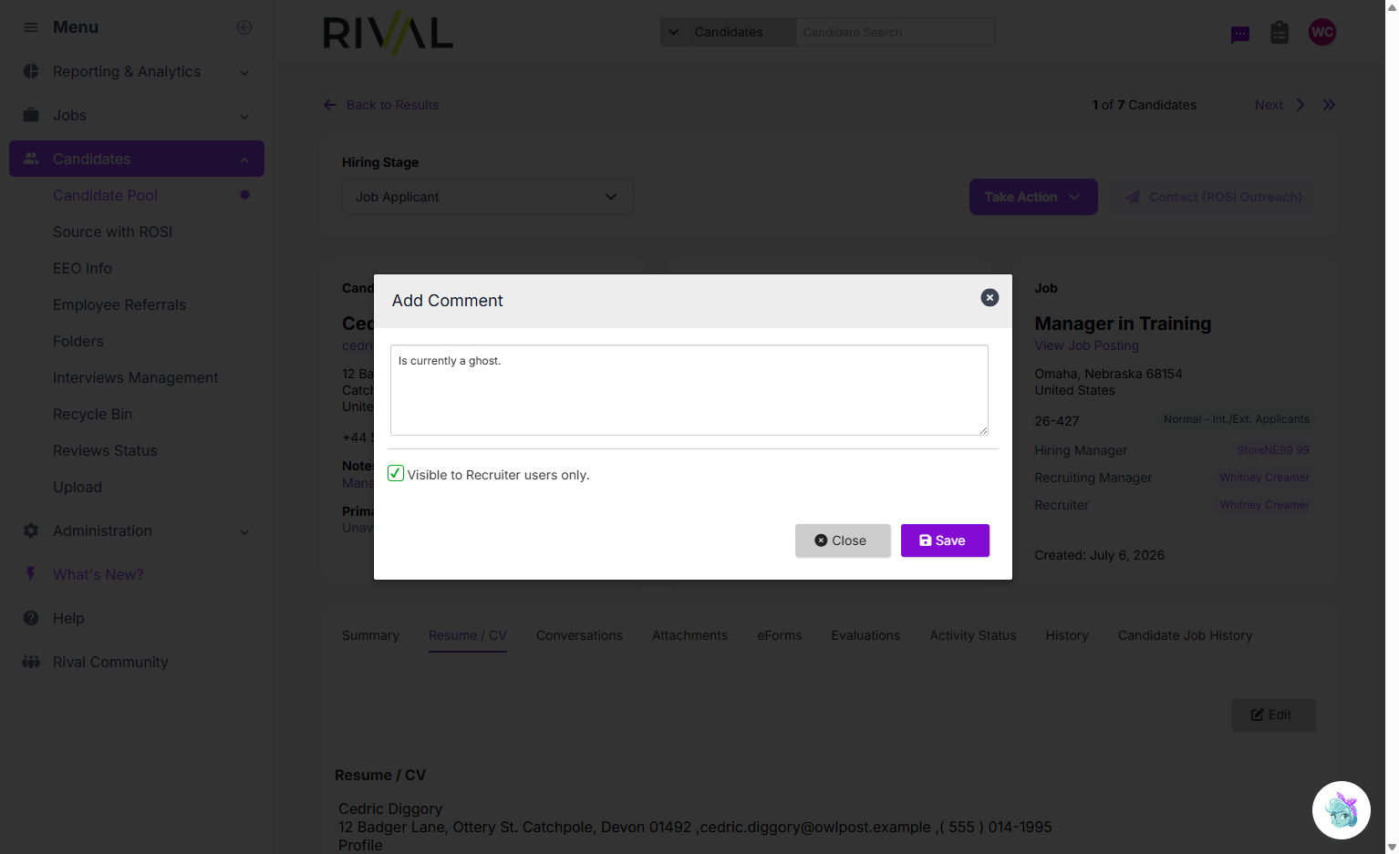 Select Visible to Recruiter users only.