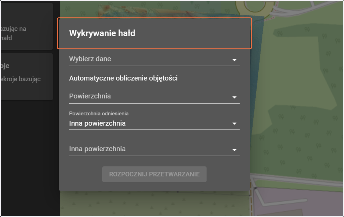 Po wybraniu funkcji "Wykrywanie hałd" wyświetli się okno, w którym określ warstwy i powierzchnie, z których będą generowane objętości.