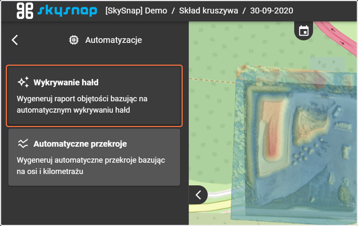 Wyświetlają się dwie funkcje - "Wykrywanie hałd" oraz "Automatyczne przekroje". Wybierz "Wykrywanie hałd".