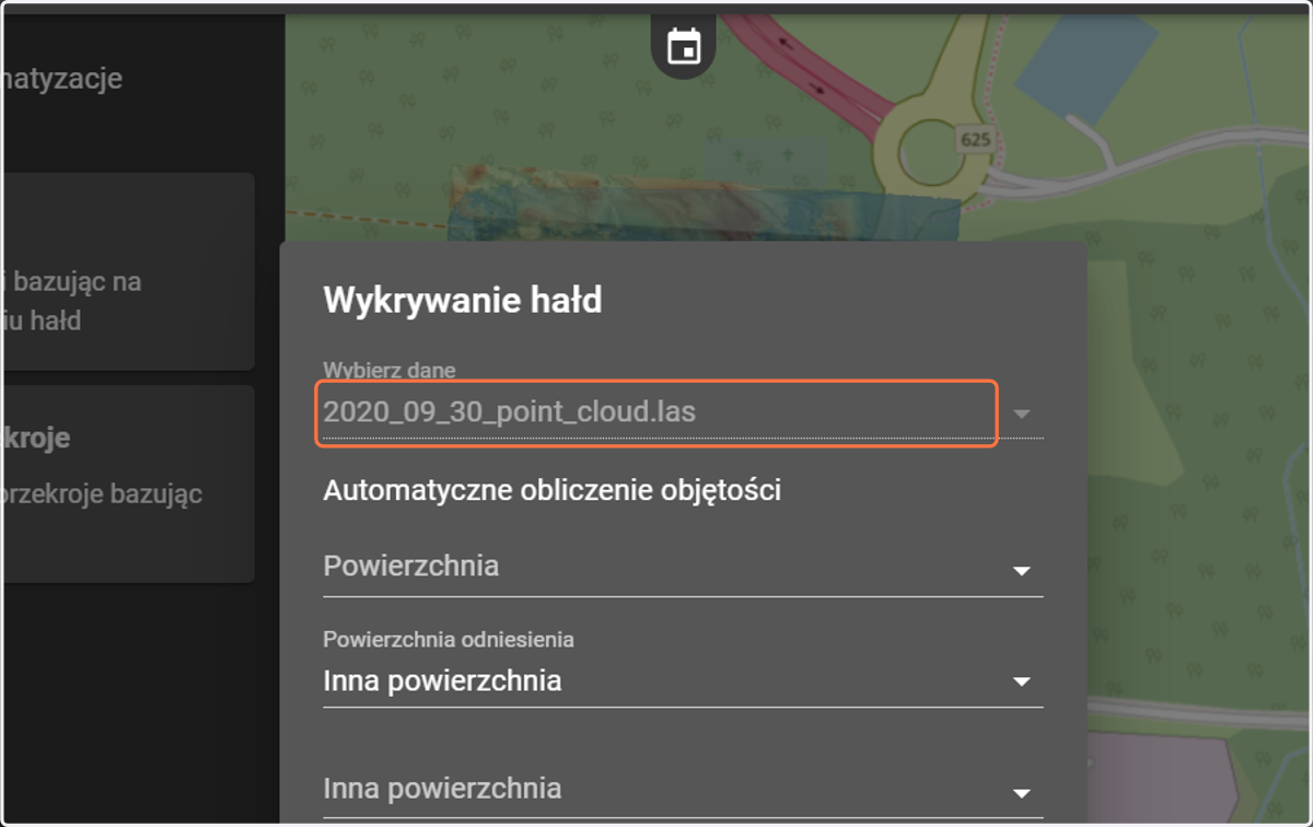 W rubryce "Wybierz dane" wybierz warstwę z chmurą punktów (warstwa z rozszerzeniem .las).