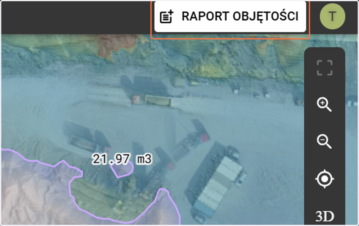W prawym górnym rogu znajduje się przycisk "Raport objętościowy", po przyciśnięciu którego generowany jest raport i wysyłany bezpośrednio na maila użytkownika.