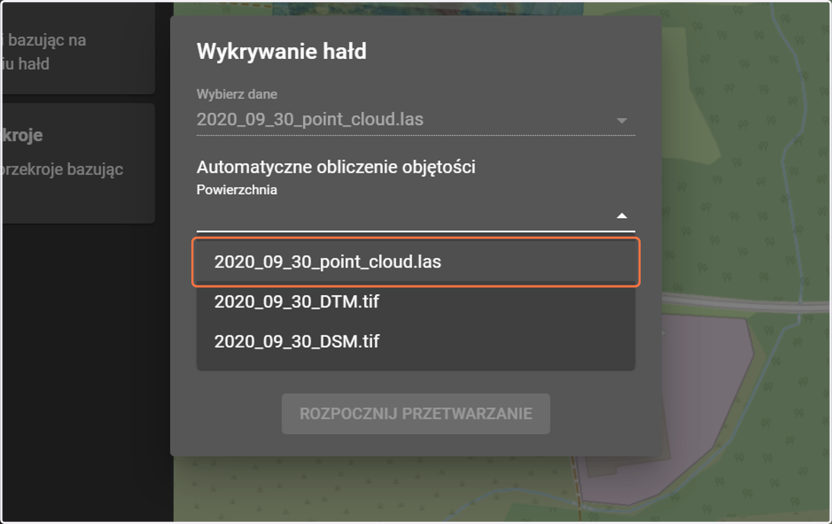 W rubryce "Powierzchnia" wybierz powierzchnię bazową do liczenia objętości, czyli warstwę z chmurą punktów (.las) lub powierzchnię rastrową (.tif).