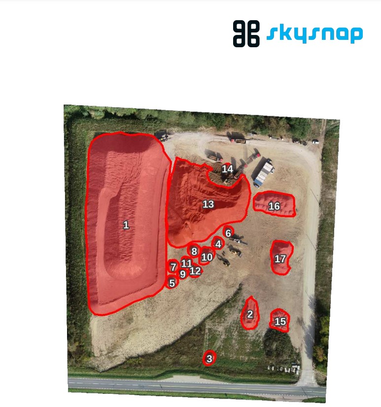 W skład raportu wchodzi mapa wskazująca geometrie wszystkich powierzchni, dla których policzono objętości.