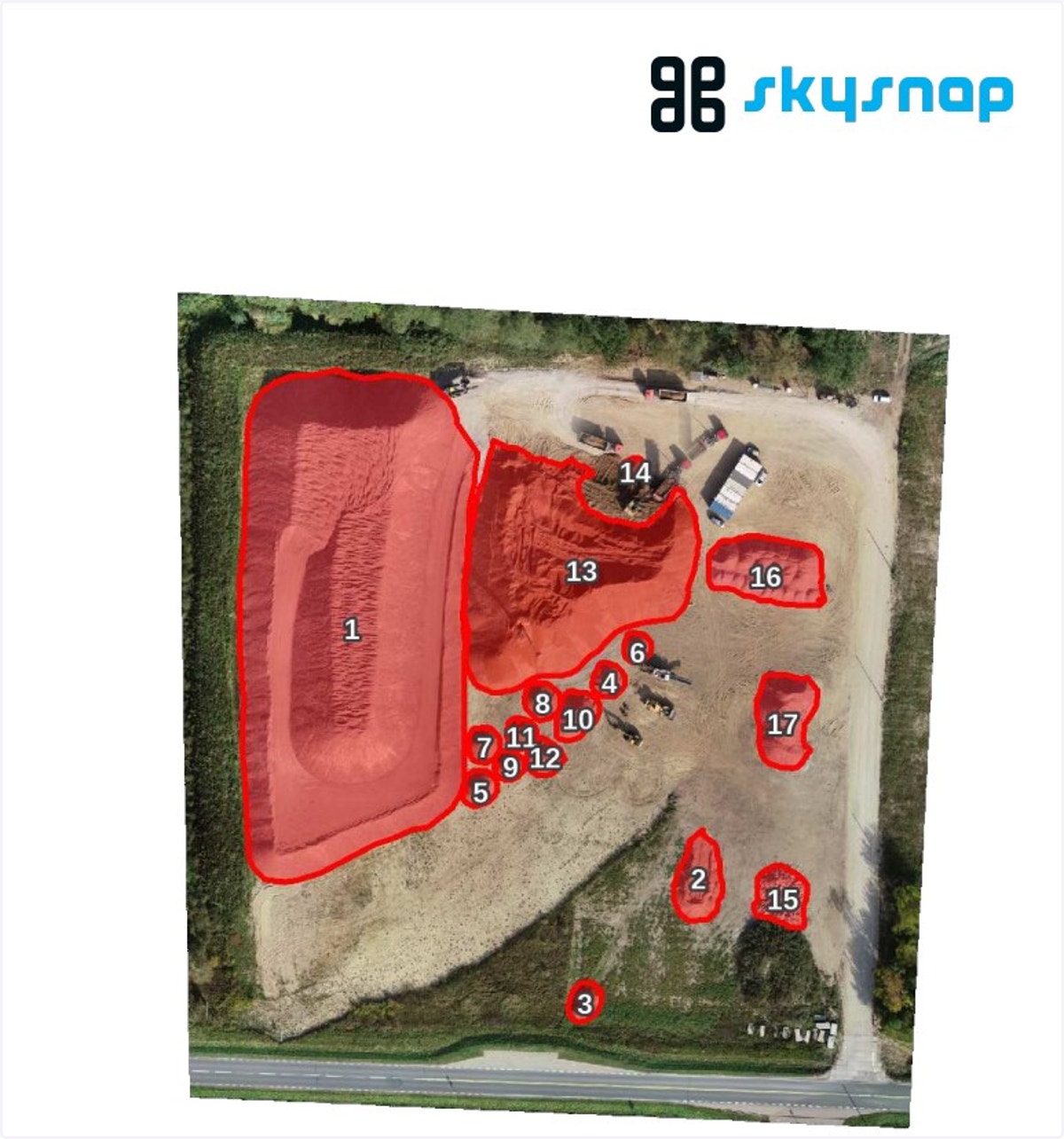 W skład raportu wchodzi mapa wskazująca geometrie wszystkich powierzchni, dla których policzono objętości.