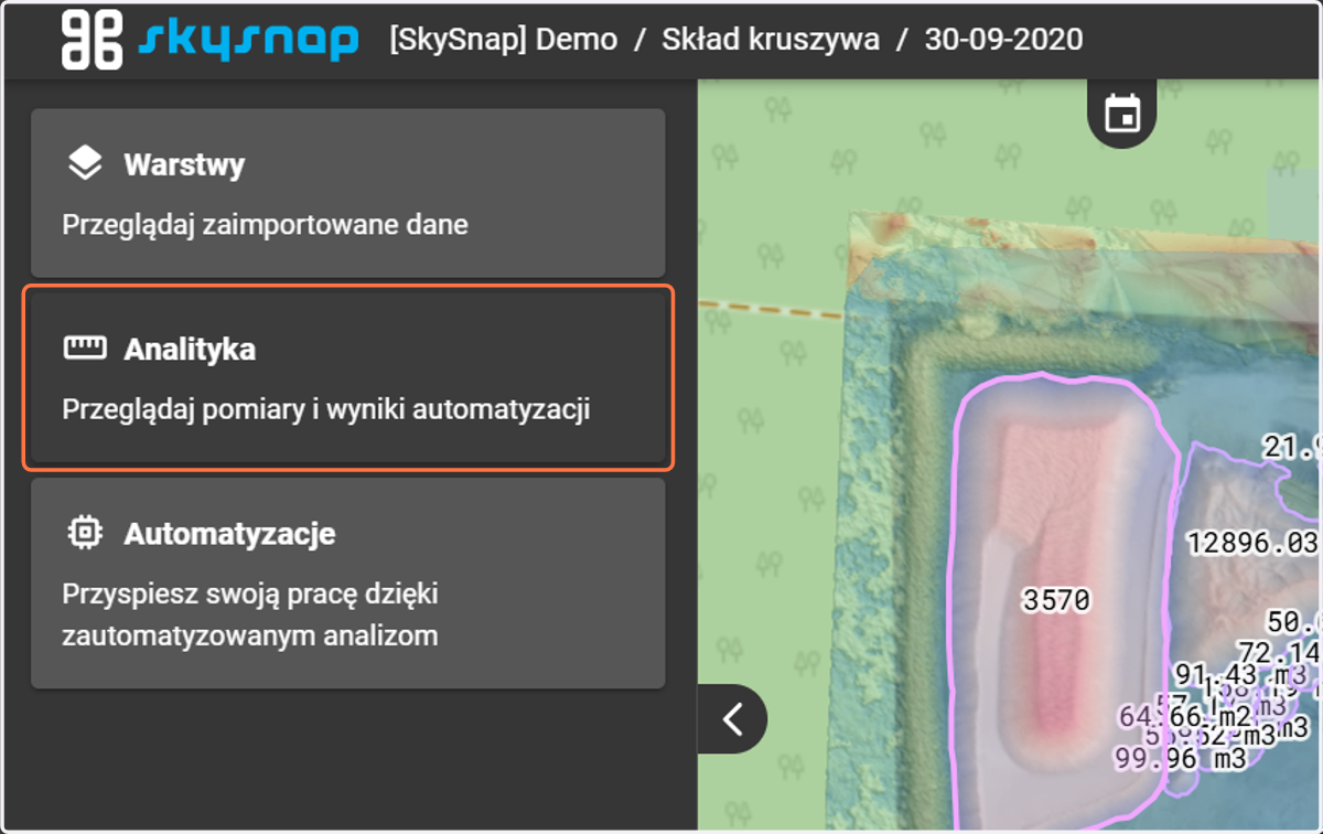 Po kilku minutach należy odświeżyć stronę i przejść do zakładki "Analityka", gdzie widoczne będą wszystkie wykryte hałdy.