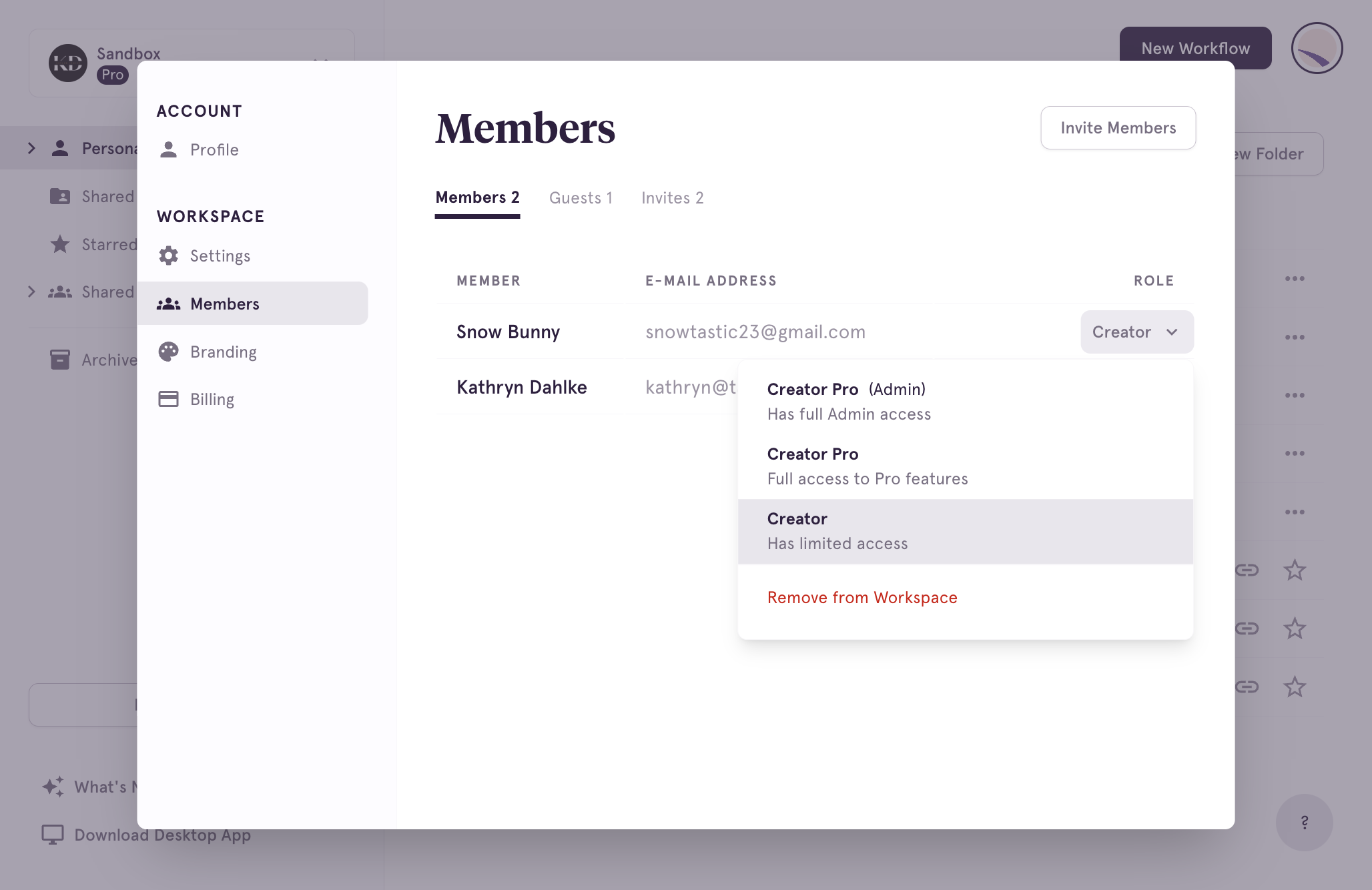 Find the name of the Workspace member and click the 'Role' dropdown to the right