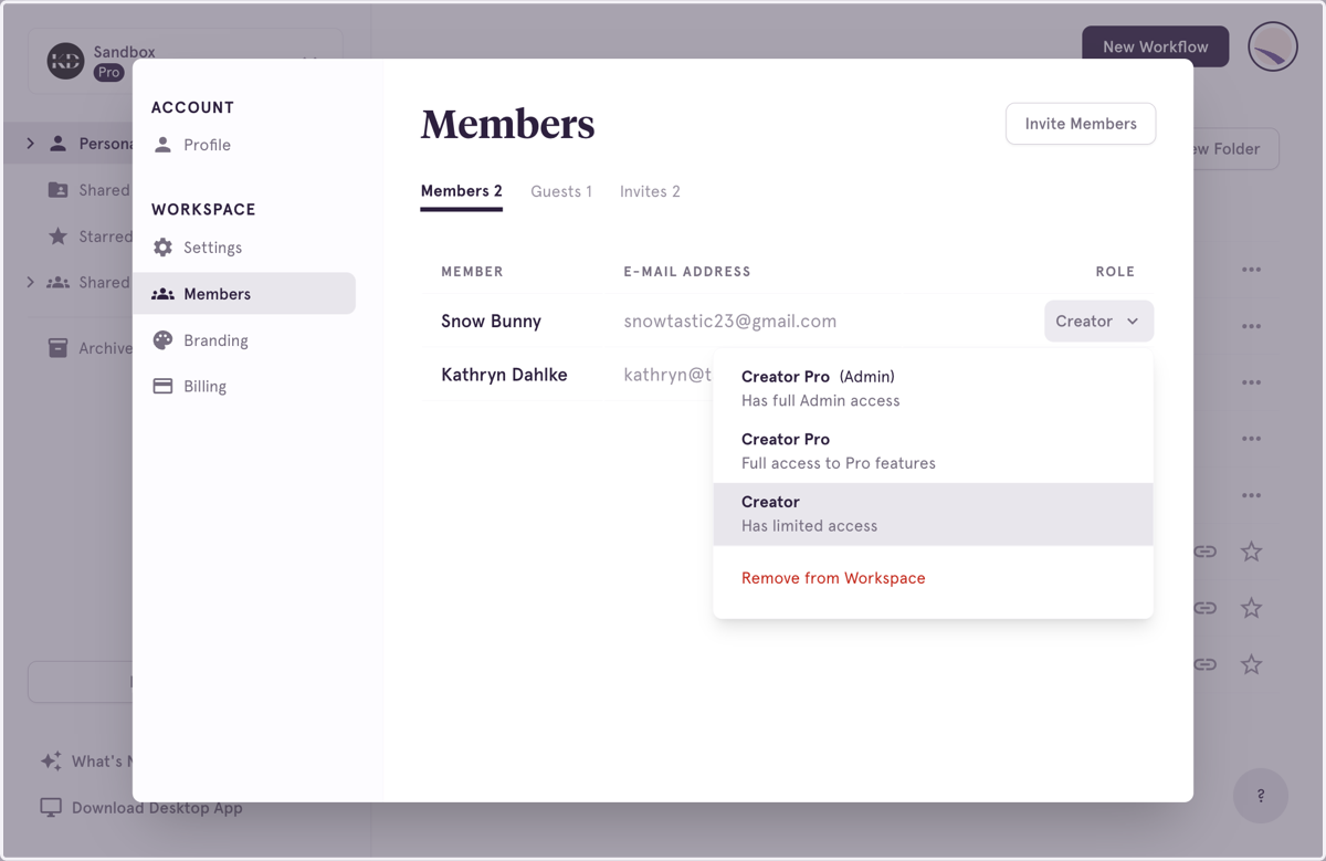 Find the name of the Workspace member and click the 'Role' dropdown to the right