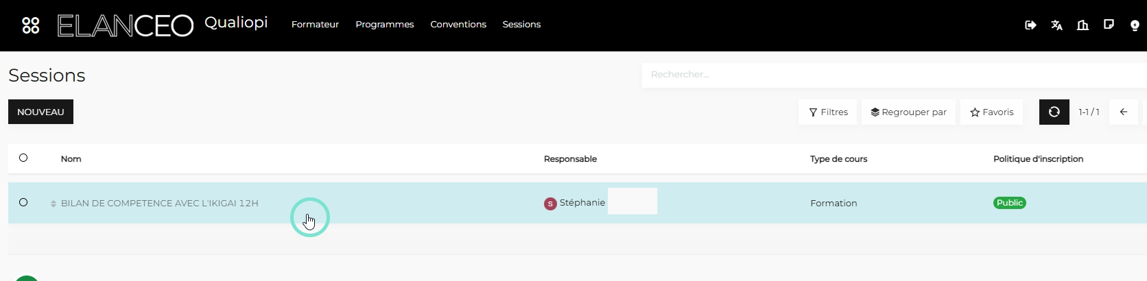 Cliquer sur la ligne de la session (APPLICATION QUALIOPI) ou du cours (APPLICATION ELEARNING) que vous souhaitez publier.
