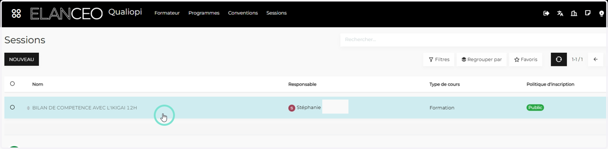Cliquer sur la ligne de la session (APPLICATION QUALIOPI) ou du cours (APPLICATION ELEARNING) que vous souhaitez publier.