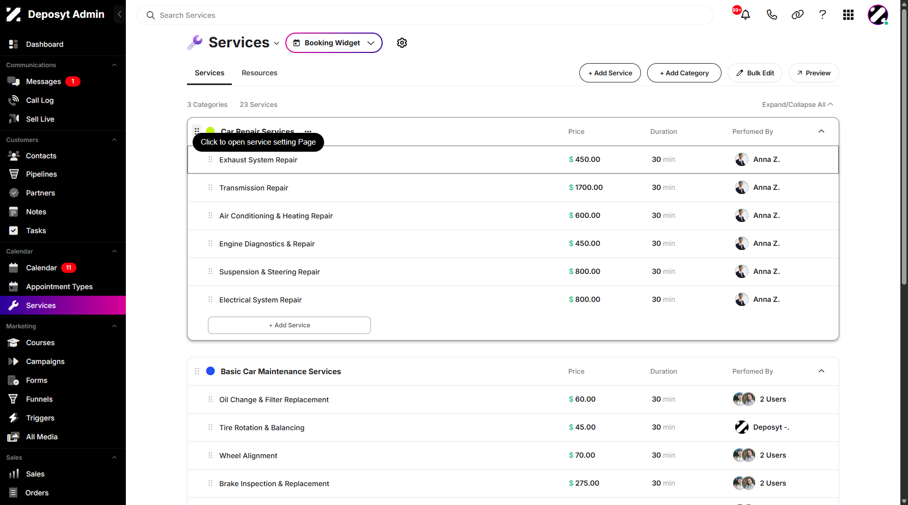 Step 5: You can also delete a category within the Services editing page. Click any service to navigate.