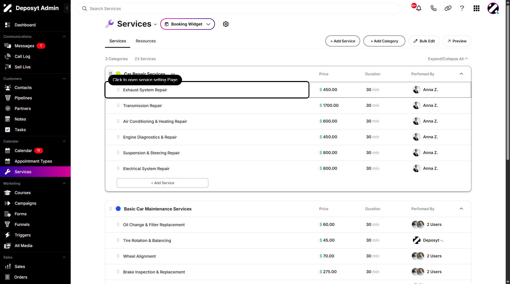 Step 5: You can also delete a category within the Services editing page. Click any service to navigate.