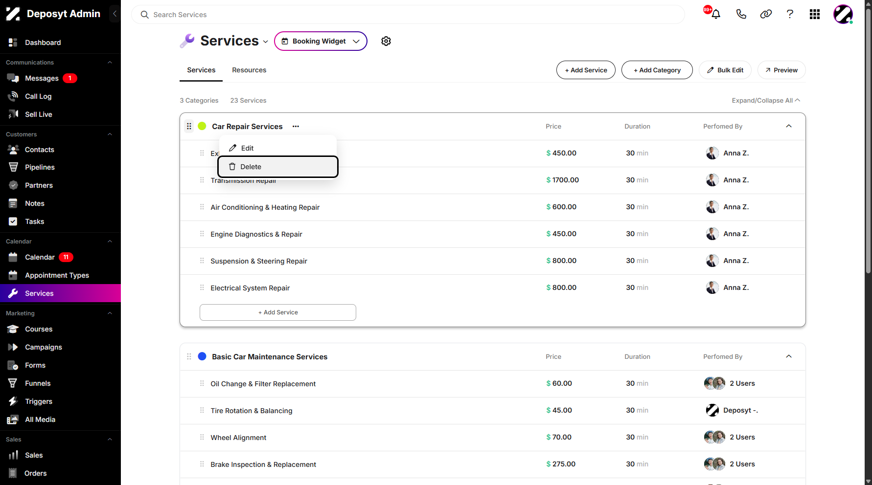 Step 4: You can then proceed by clicking the 'Delete' option. Keep in mind that before deleting a category, you must first move the services under it.