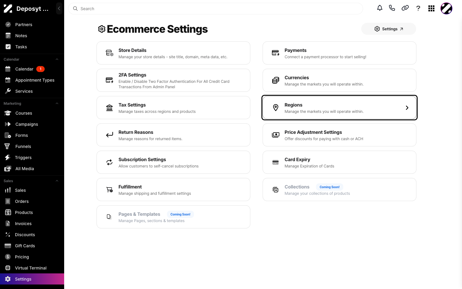 Step 2: Click on the Settings tab under the Sales section to navigate.