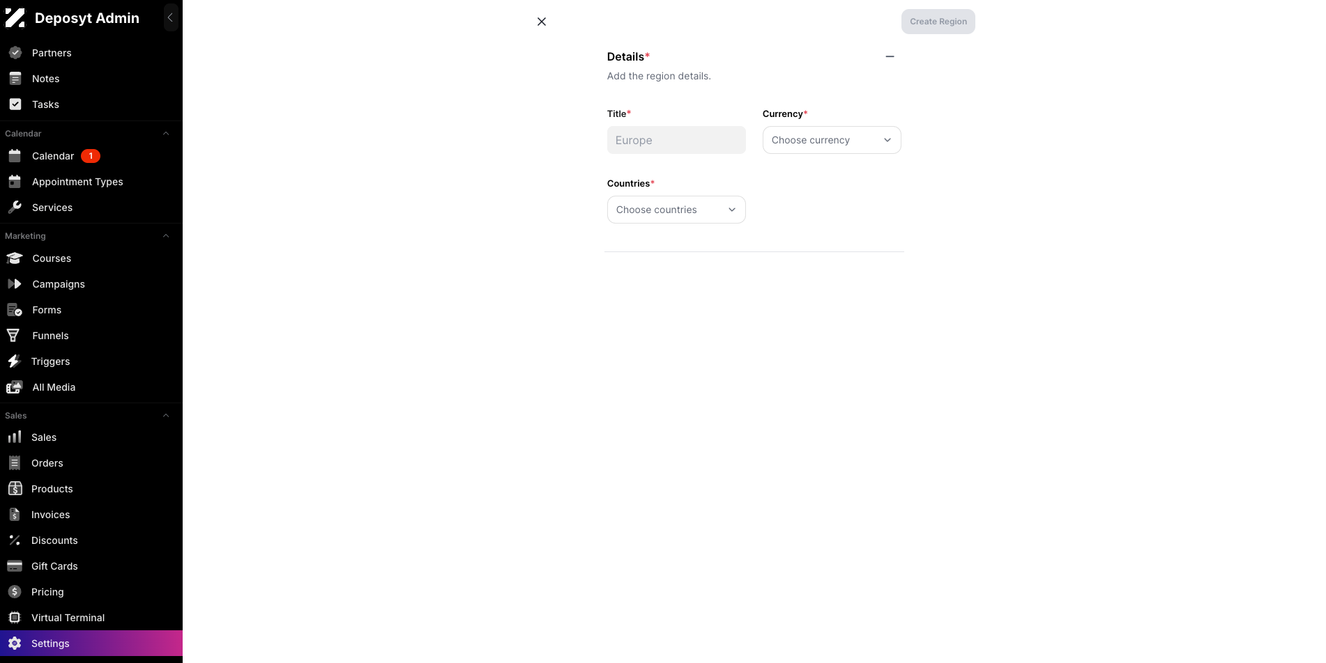 Step 7: You can also add a new region by clicking the plus sign. Enter the title, currency, countries, and metadata key and value to create the region.