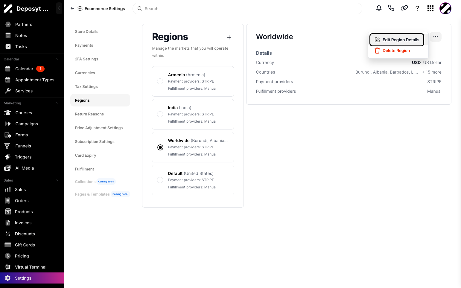 Step 5: By clicking the three-dot menu on an existing region, you can edit or delete it.