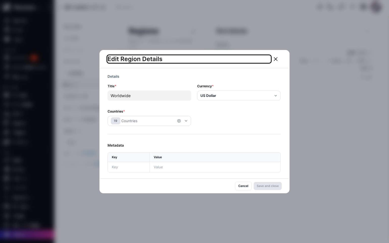 Step 6: A pop-up will appear where you can edit the title, currency, countries, and metadata key and value.