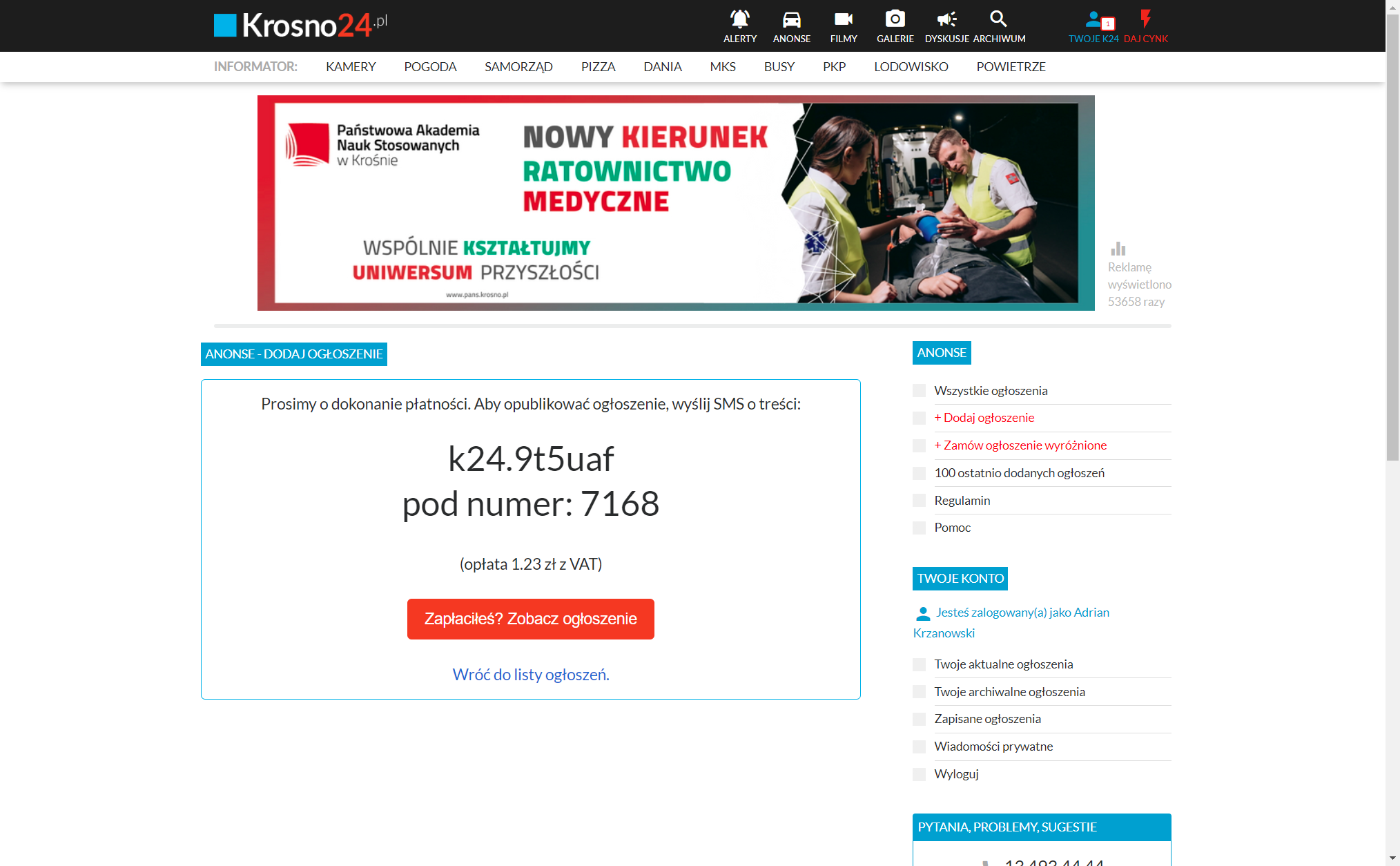 I wyślij SMS o podanej treści na nr 7168