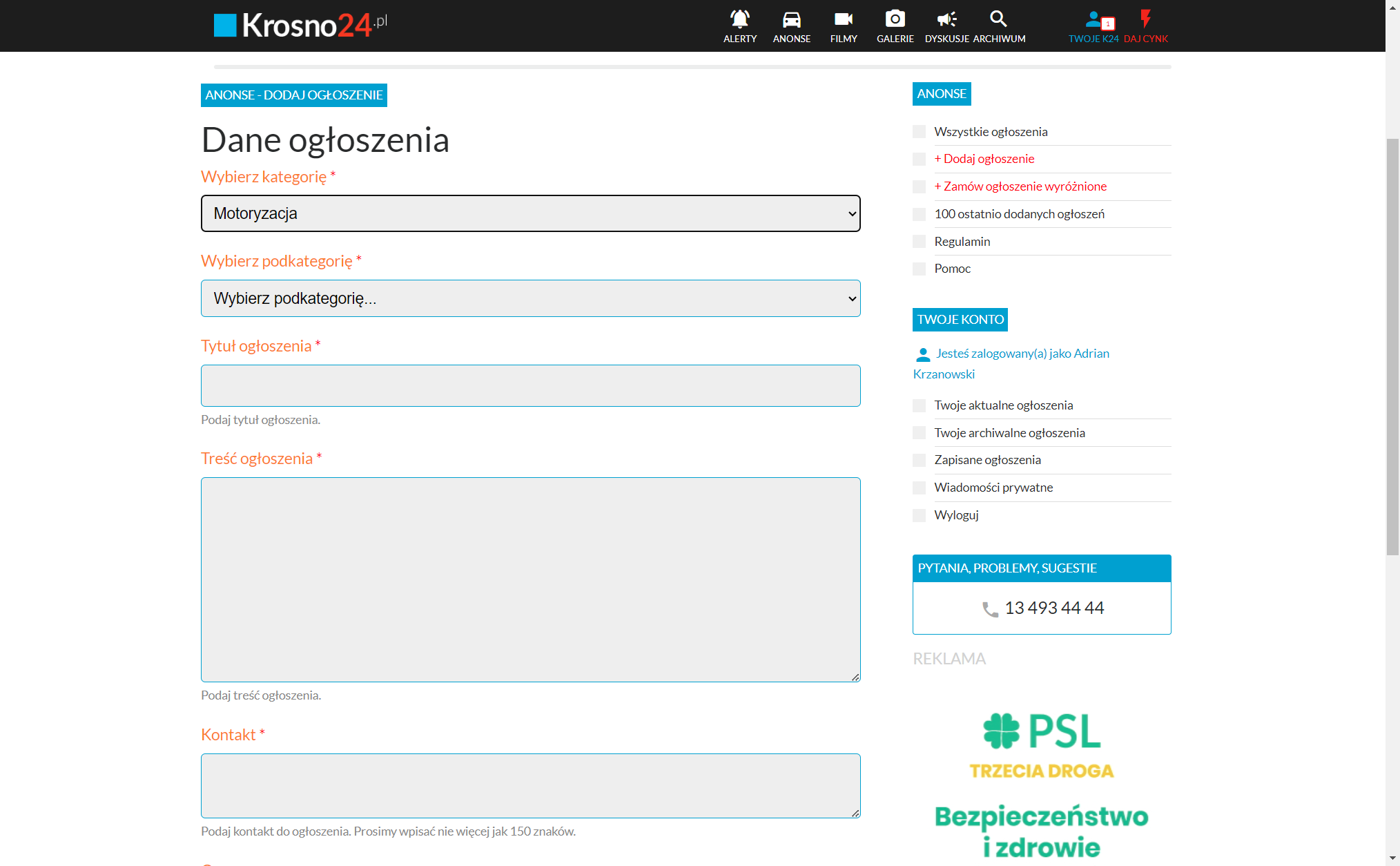 Pojawi się wówczas formularz ogłoszenia. Wybierz kategorię np. Motoryzacja