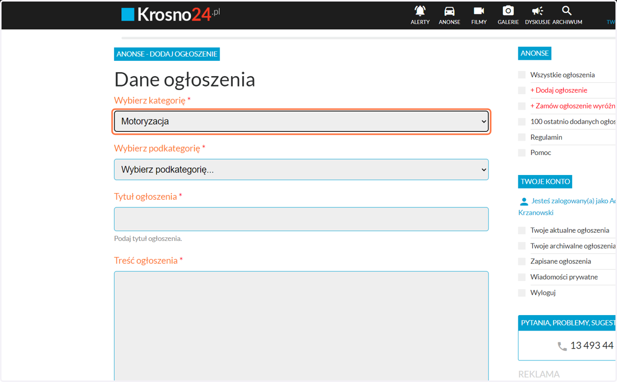 Pojawi się wówczas formularz ogłoszenia. Wybierz kategorię np. Motoryzacja