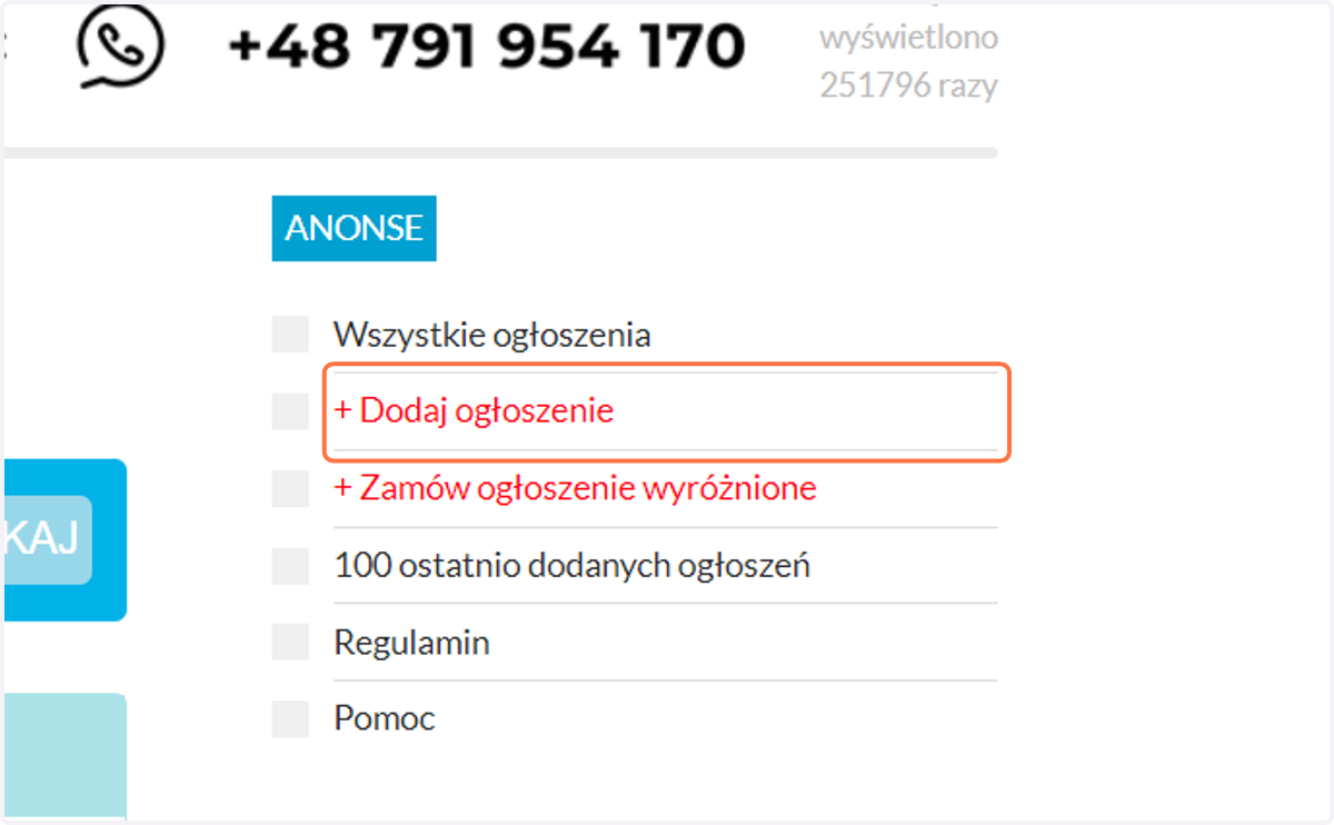 W menu po prawej stronie kliknij na + Dodaj ogłoszenie