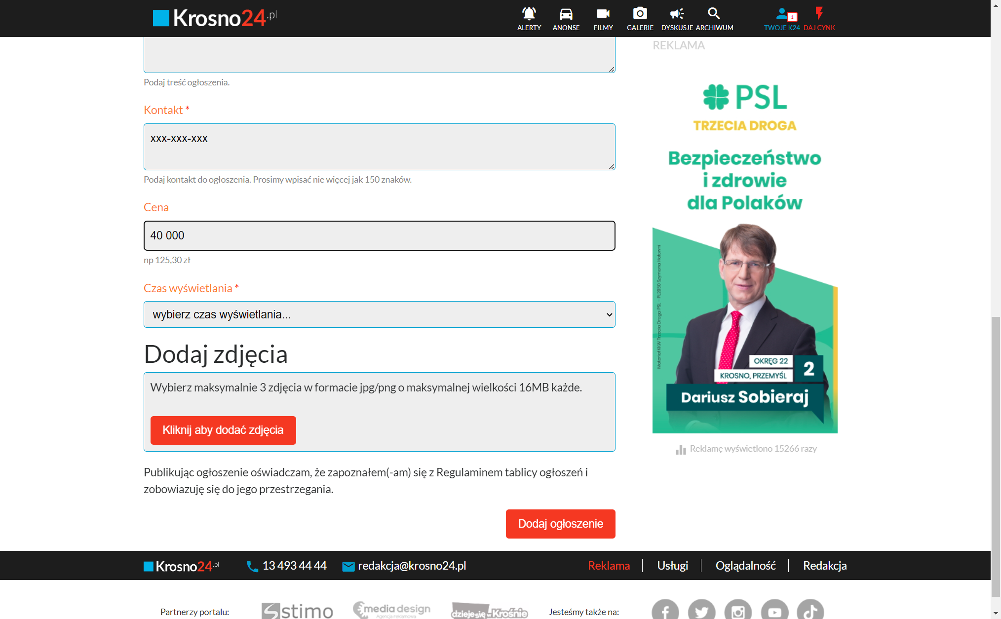Ewentualnie cenę (ale jest to pole opcjonalne)