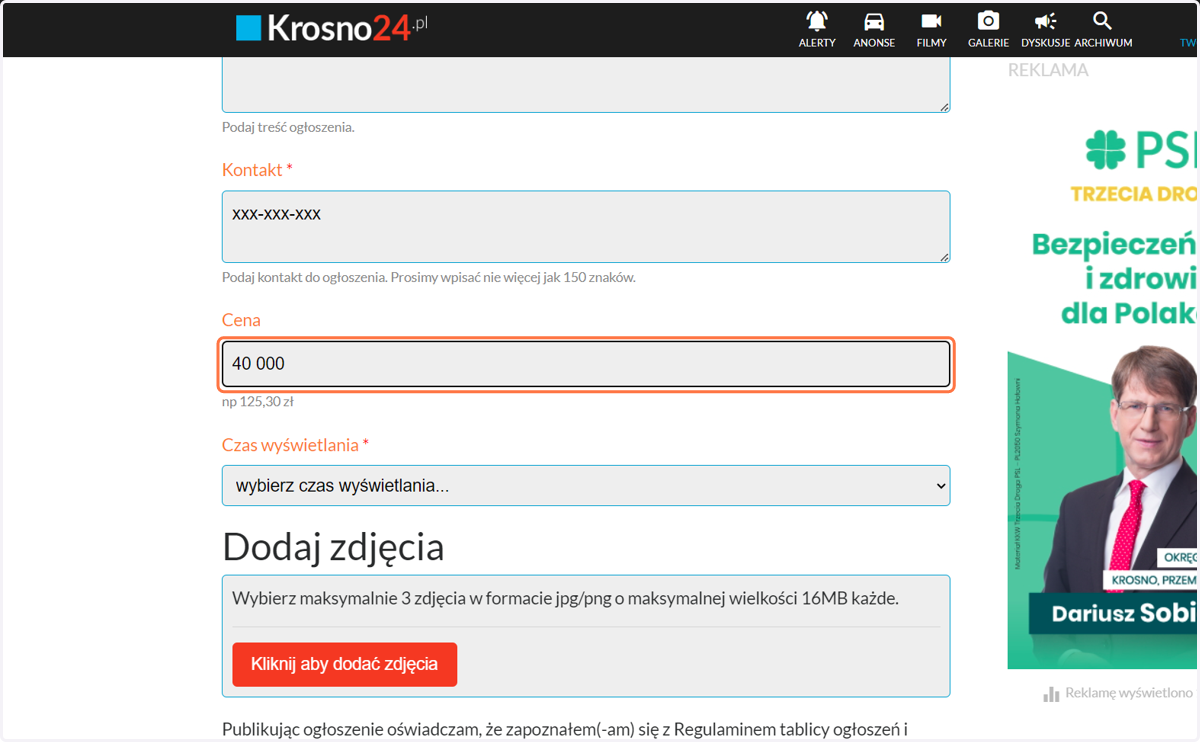 Ewentualnie cenę (ale jest to pole opcjonalne)
