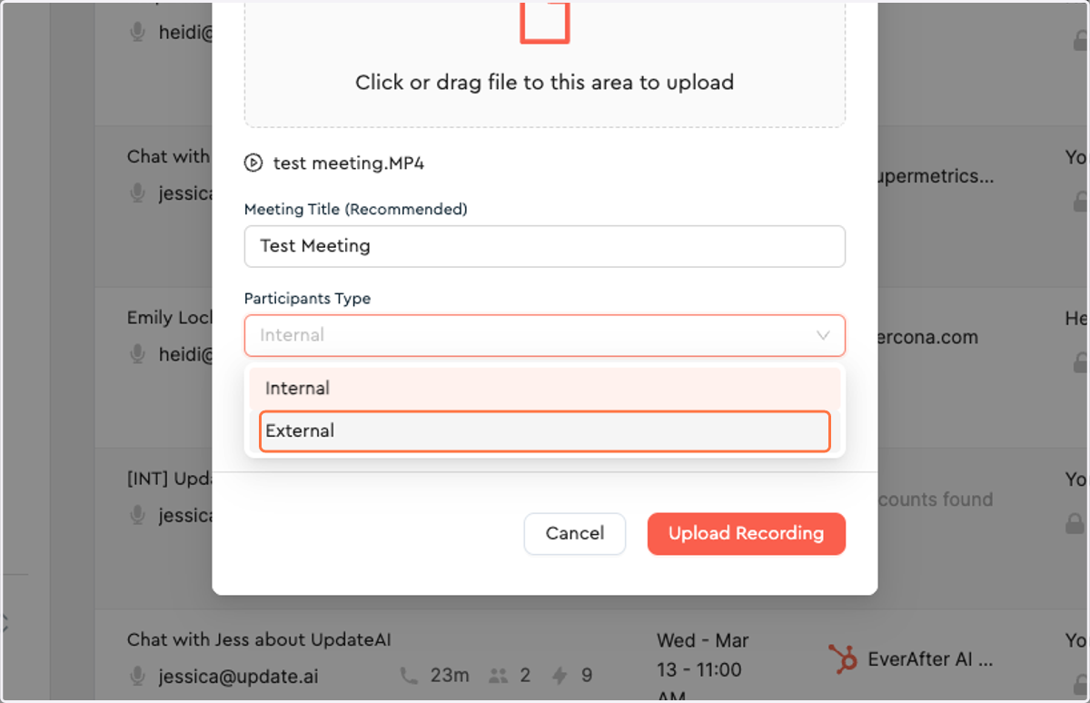 Choose the participants type (this should align with UpdateAI definitions of internal and external meetings).