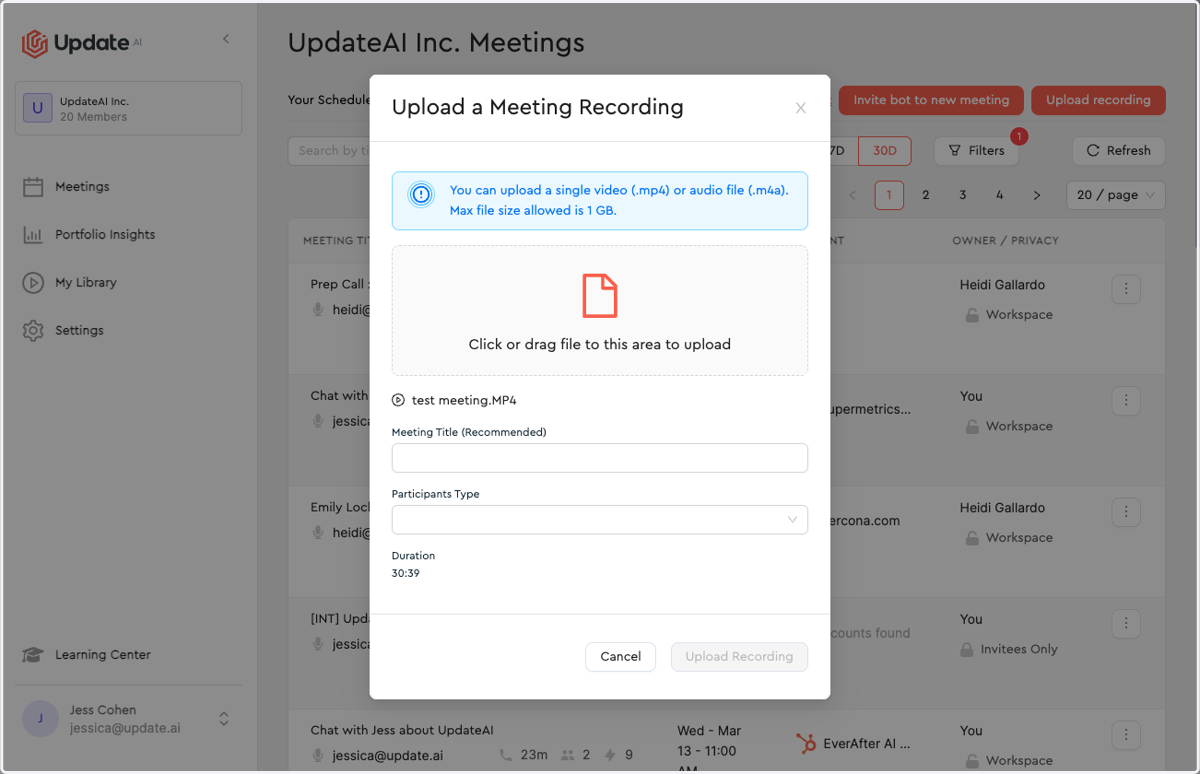 Select the file you want to upload (in this case, I used "test meeting.MP4" which was stored in my downloads folder).