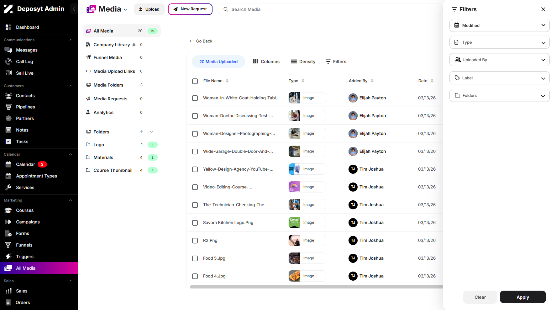 Step 6: A pop-up window will appear, where you can filter your media by selecting from the available options. You can filter by Modified Date, File Type, Uploaded By, Label, and Folders.