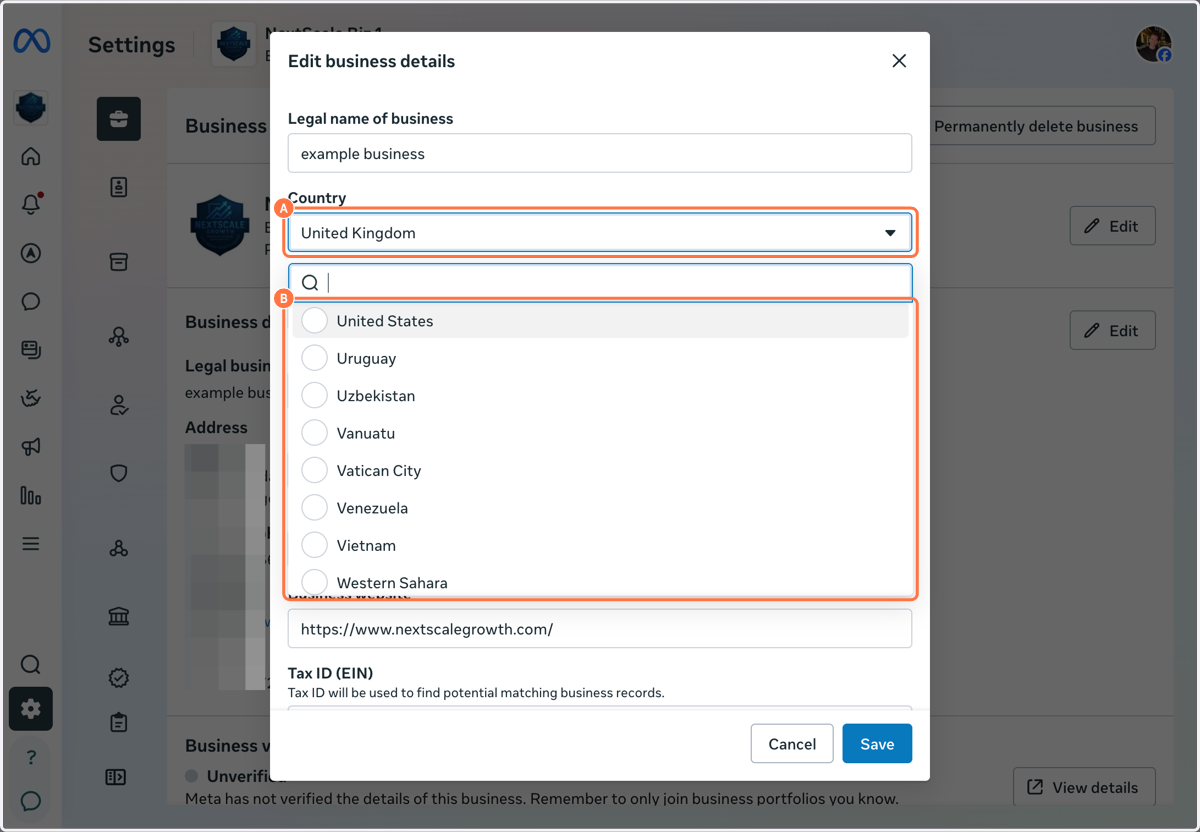 A. Click on Country B. Select Country