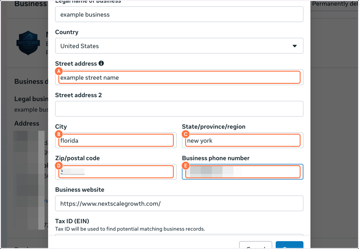 A. Type Street address B. Type City C. Type State/province/region D. Type Zip/postal code E. Type Business phone number