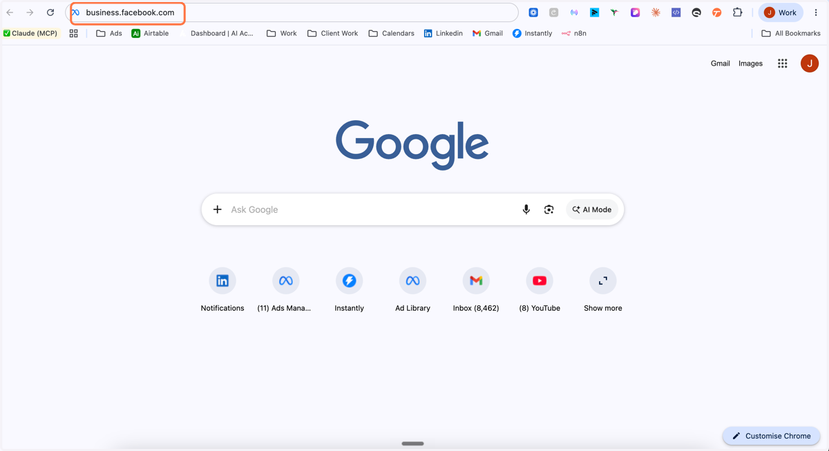 Search for business.facebook.com into your browser url