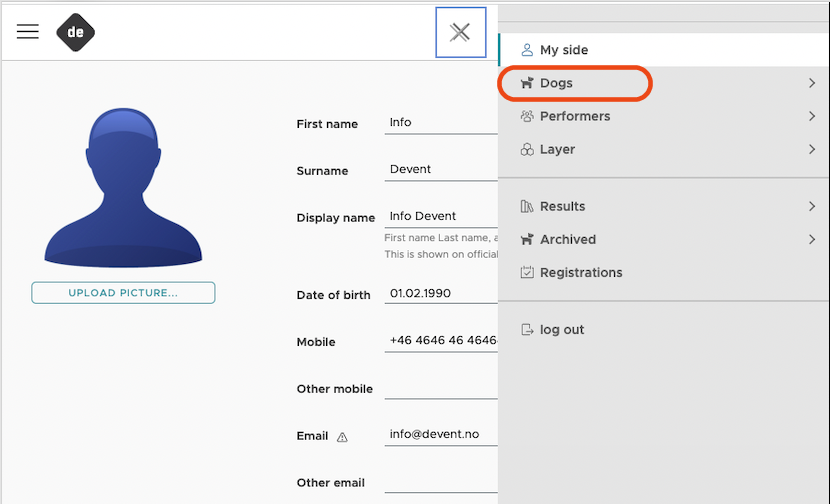 To register your dogs select "Dogs" from the upper left menu