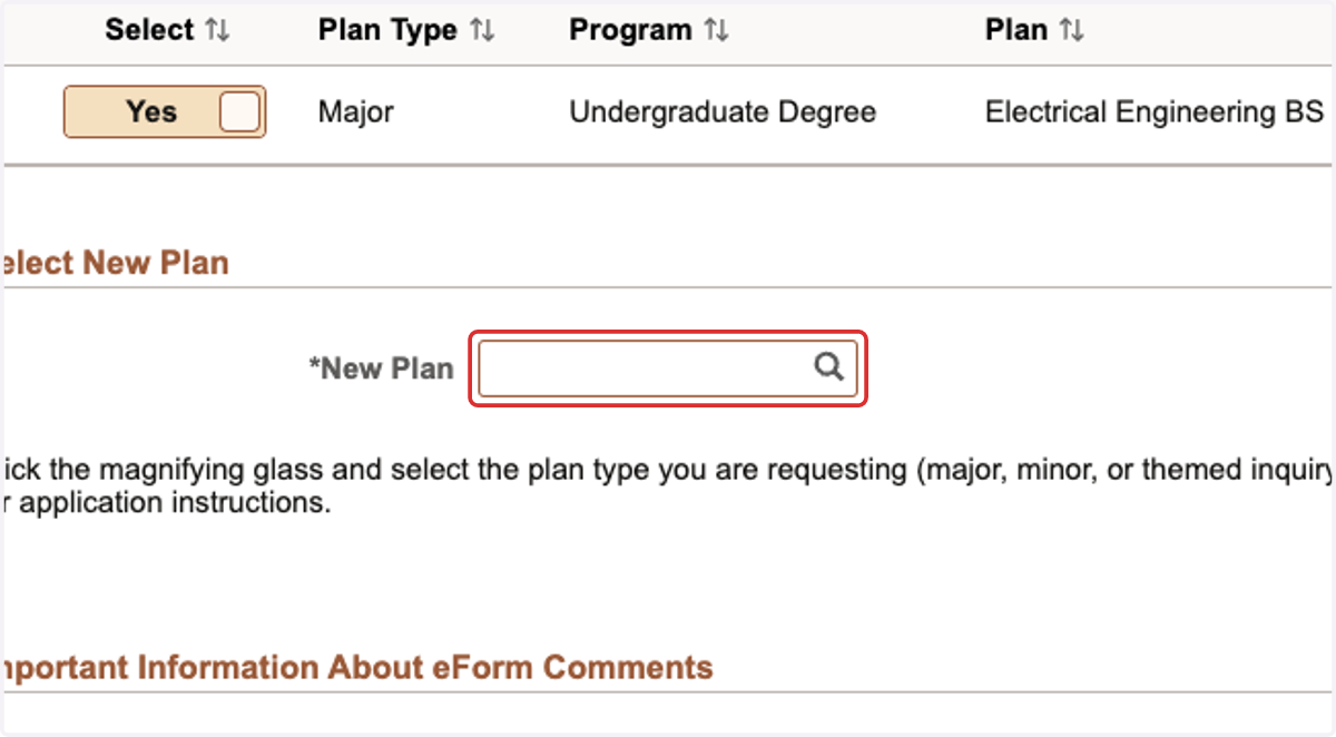 To search for your new major, click on the magnifying glass