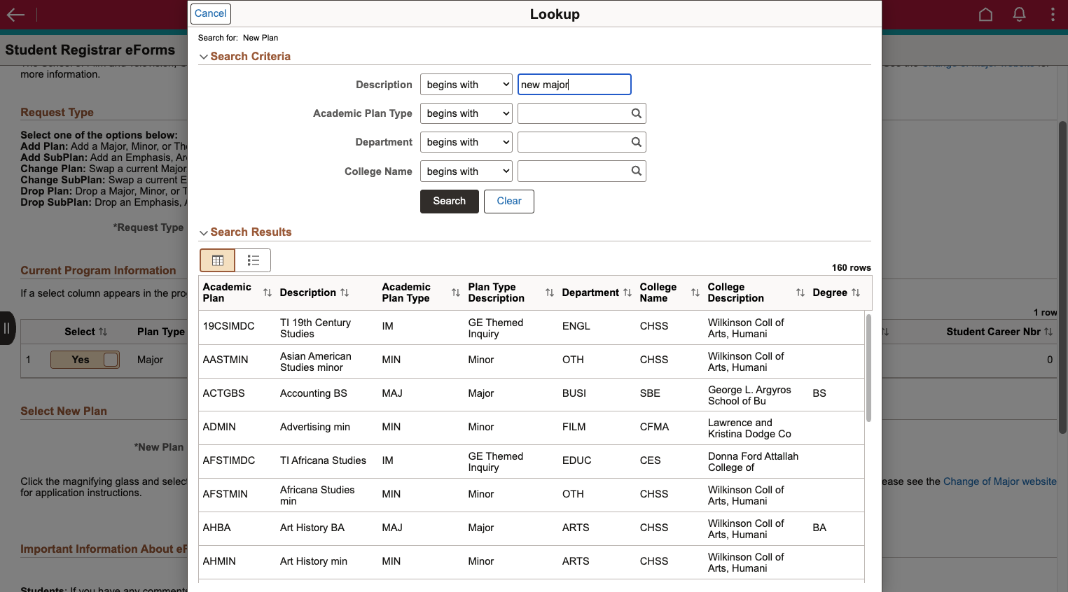 Using keywords, search the name of the major you would like to switch to