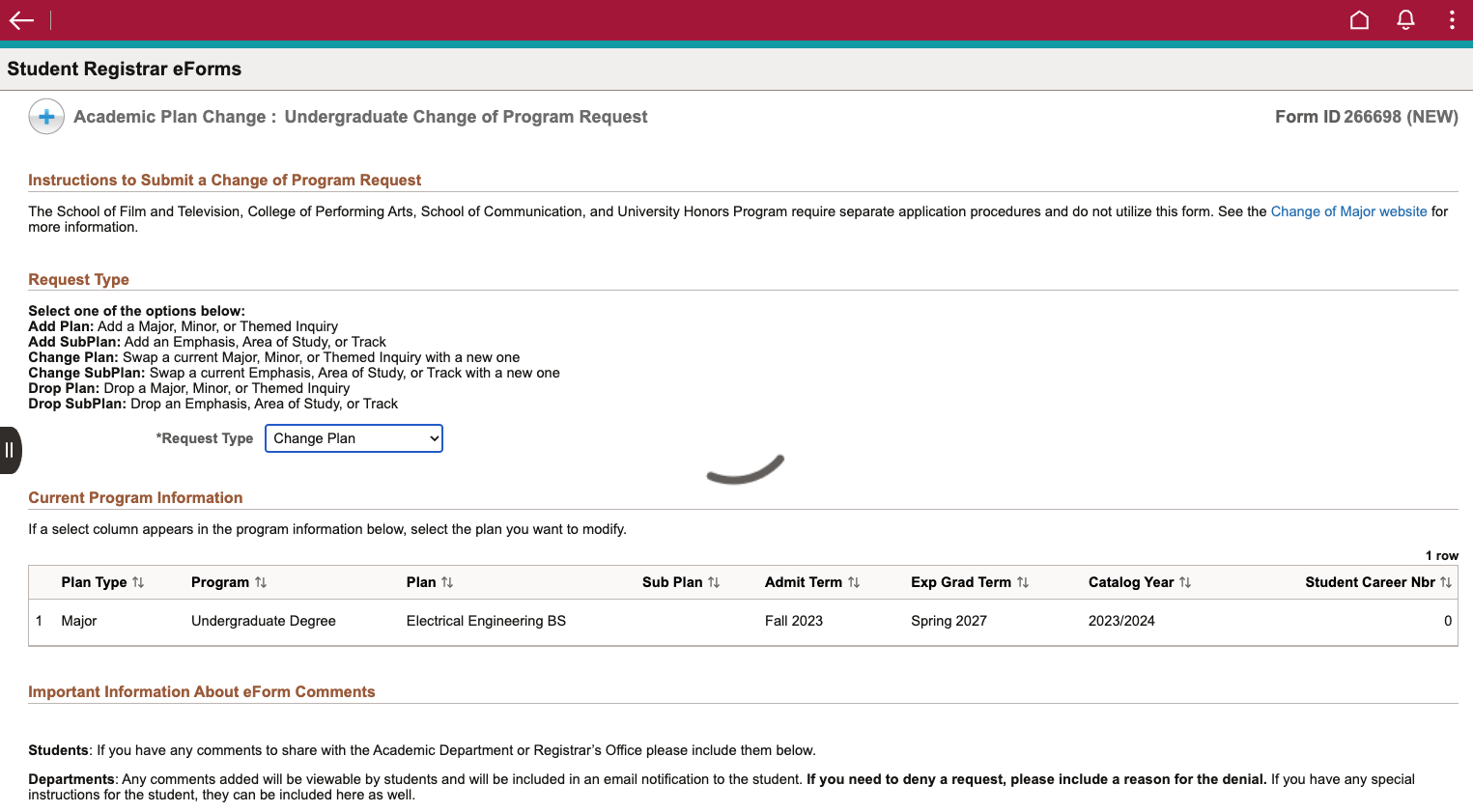 Select Change Plan from *Request Type