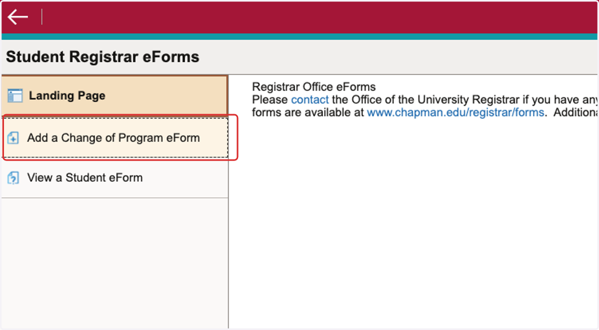 Click on Add a Change of Program eForm